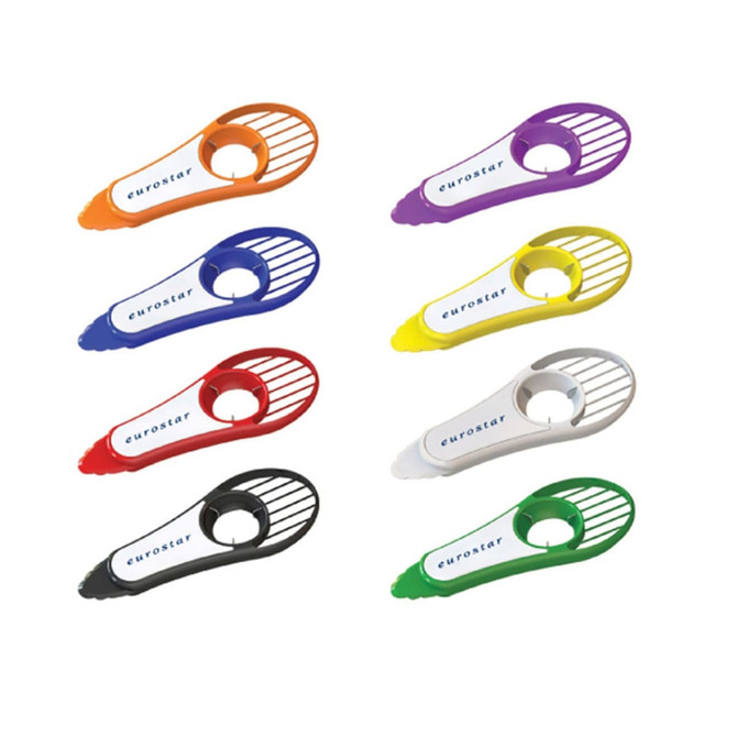 Eight avocado cutters in various colours, including orange, purple, red, yellow, green, and black, with a branding logo.