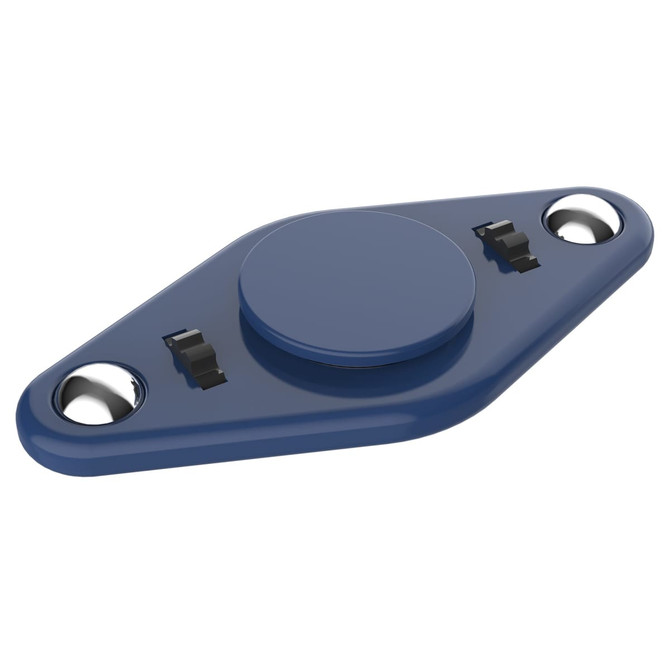 A blue stress reliever shaped like a smooth, elongated object with two raised buttons. It has a logo on it.
