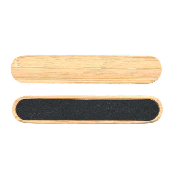A bamboo nail file featuring a smooth wooden side and a textured black sanding surface. It has a simple design.