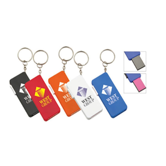 A collection of colourful nail files in orange, white, red, blue, and black, each attached to a keyring.