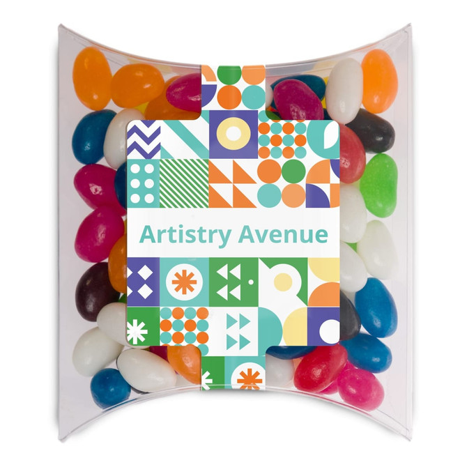 Assorted mini jelly beans in various colours, packed in a clear pillow pack with a colourful design on the front.
