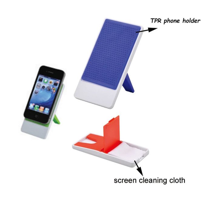 A phone holder in white with a blue back, featuring a green stand and a red screen cleaning cloth.