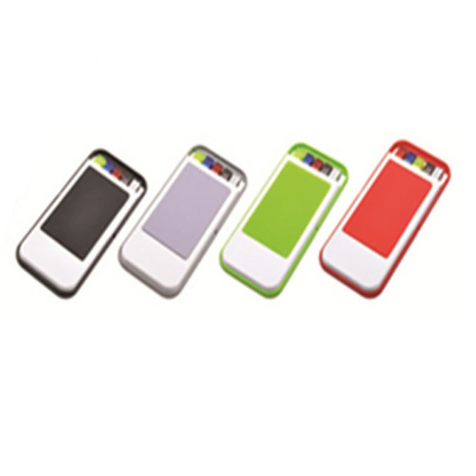 A mobile holder with pen sets in black, purple, green, and red, featuring a logo.