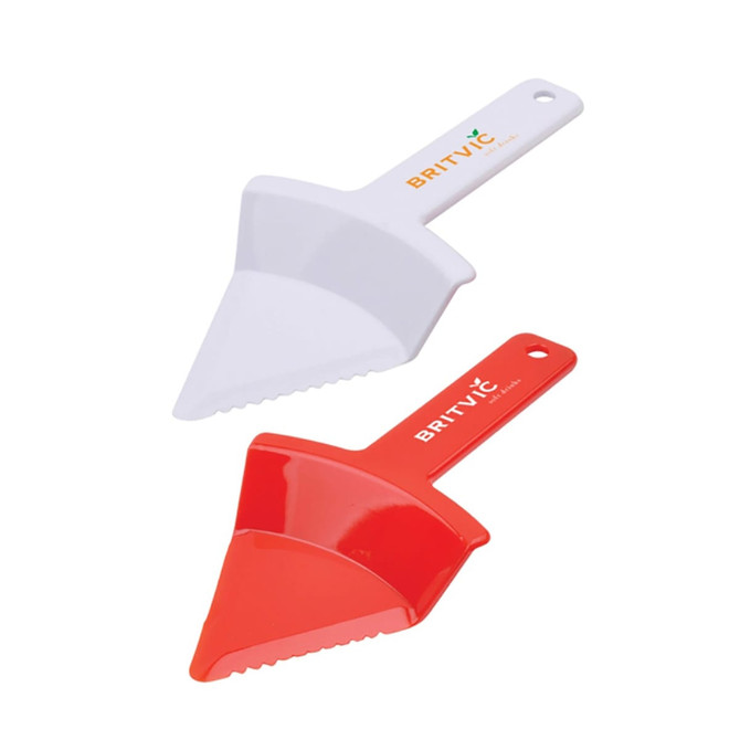 A set of two cake cutters in white and red, featuring serrated edges and curved handles, with a logo.