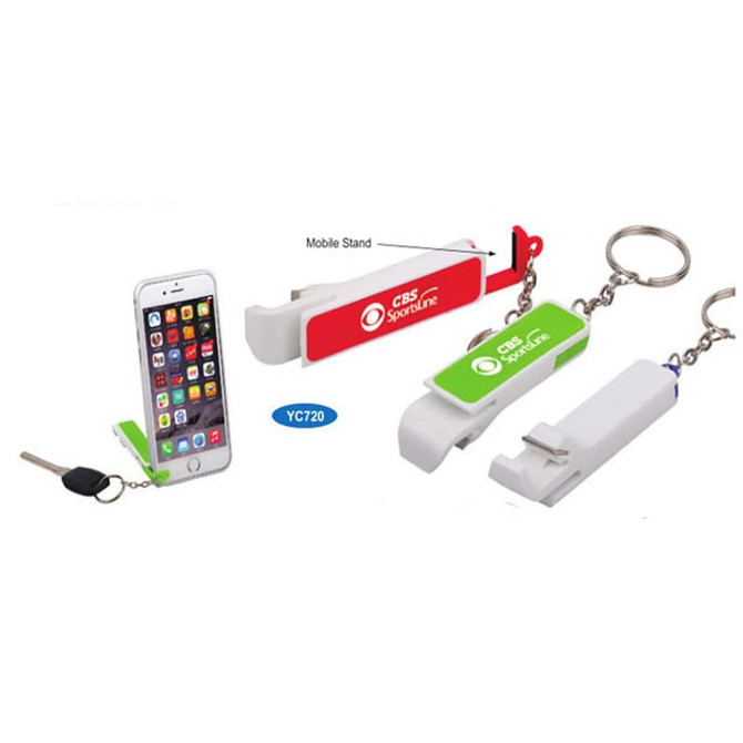 A drink bottle opener keychain in green and white, featuring a mobile phone stand function. Includes a branding logo.