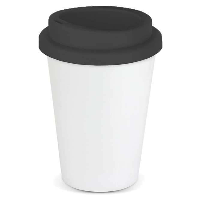 A reusable coffee cup in white with a black lid, featuring a logo. Suitable for hot beverages.
