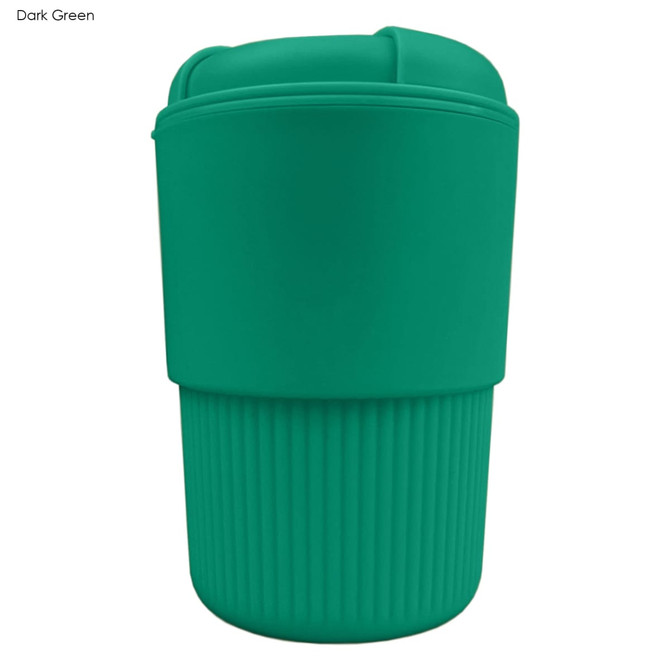 A drink bottle in dark green with a ribbed grip and a secure lid, featuring a logo.