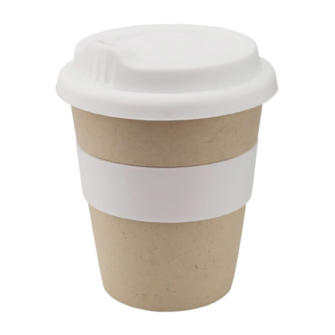 A reusable coffee cup in natural brown with a white band and lid, ideal for eco-friendly beverages.