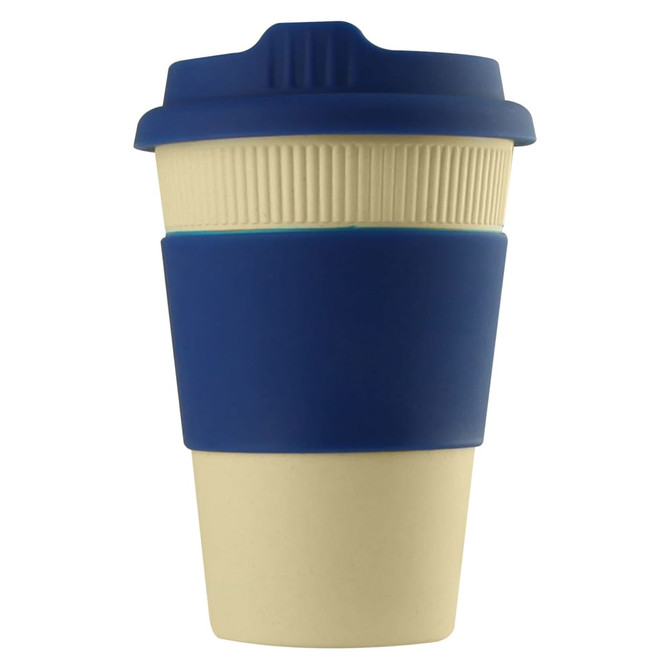 A reusable coffee cup in cream and navy blue, featuring a silicone sleeve and a lid. It has a logo on the side.