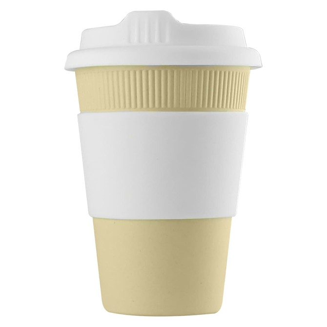 A reusable coffee cup in cream with a white lid and grip sleeve, featuring a logo.