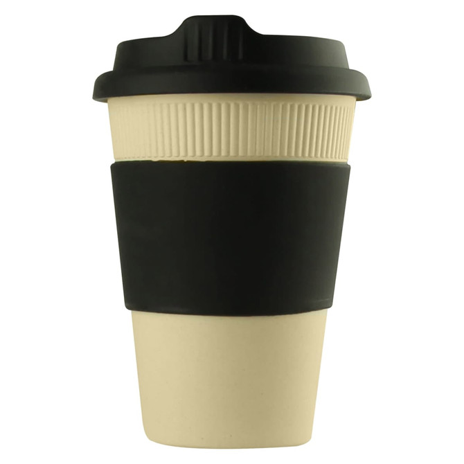 A reusable coffee cup in cream with a black lid and sleeve, featuring a textured grip and a logo.