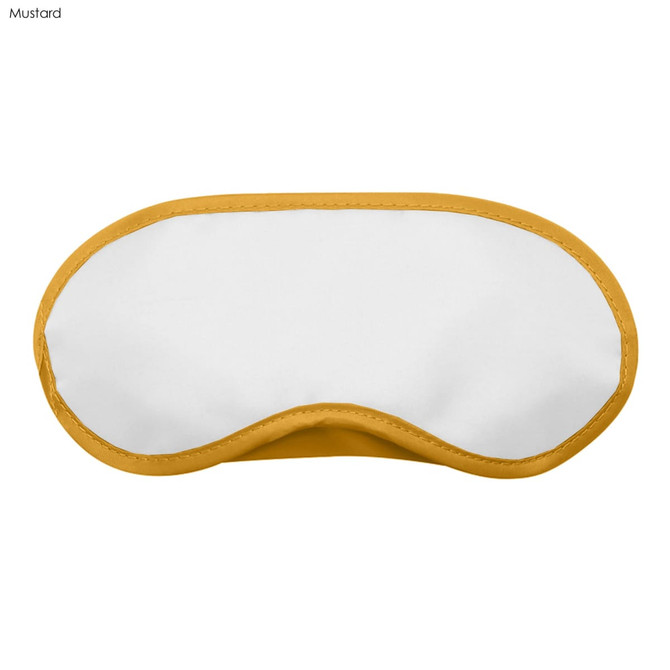 A sleep eye mask in white with a mustard yellow trim, featuring logo branding.