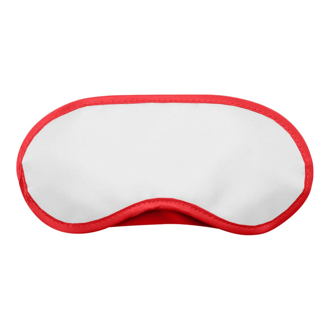 A sleep eye mask in white with red trim, suitable for personal health and relaxation. It has a logo.