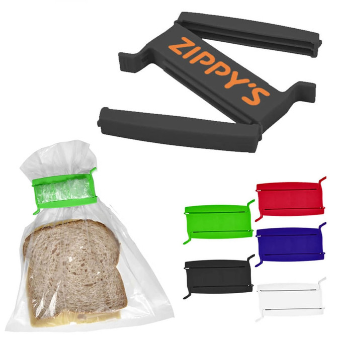 A food clip set in black, green, red, and white, featuring a logo, designed for sealing bags.