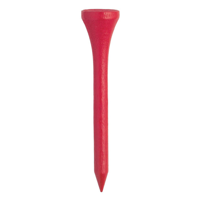 A single red golf tee with a tapered design and a flat top, featuring a logo.
