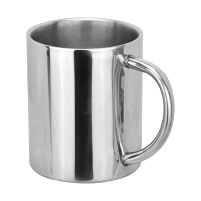 A drink bottle in stainless steel with a simple cylindrical shape and a sturdy handle. It includes branding.