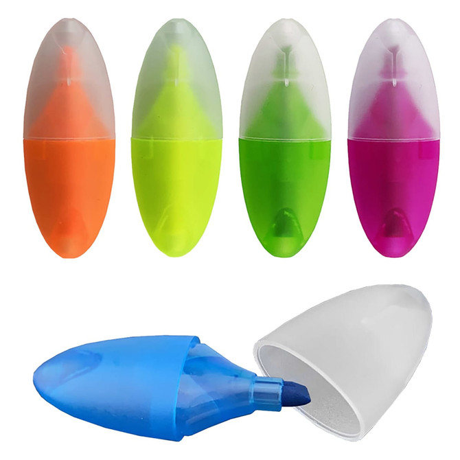 A set of mini highlighters in orange, yellow, green, pink, and blue, featuring rounded caps and a logo.