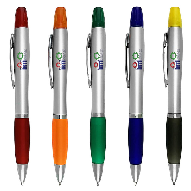 A set of five Pizzaz Pen Highlighters in red, orange, green, blue, and dark green, each with a silver barrel and a branding logo.