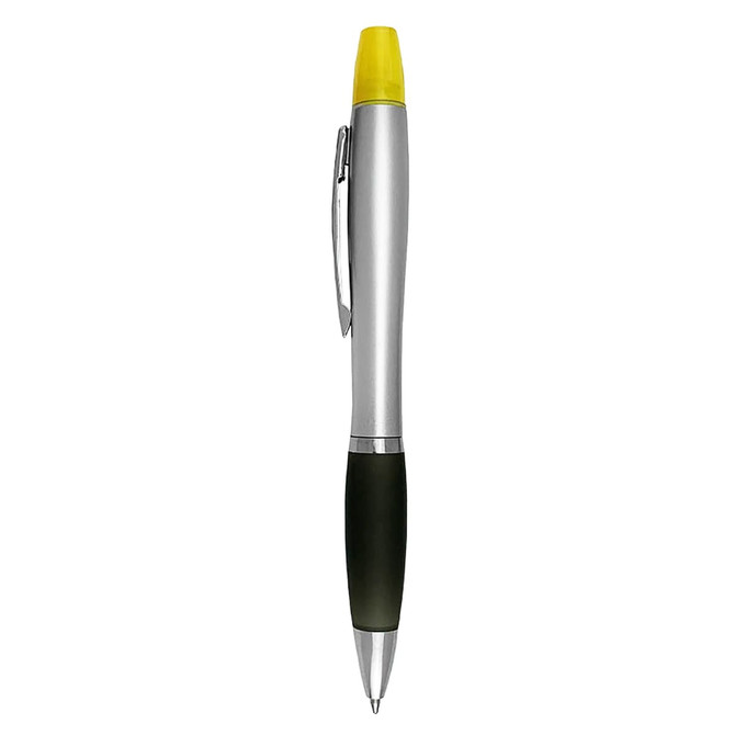 A silver pen with a yellow highlighter cap and a black rubber grip. It features a logo on the body.
