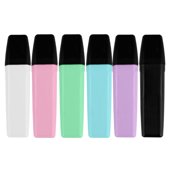 A collection of highlighters in white, pink, green, blue, purple, and black with black caps and sleek design.