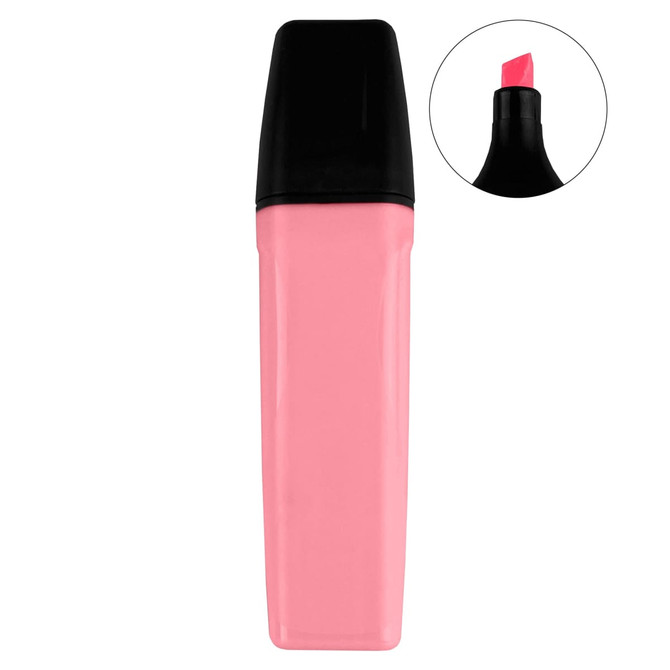 A pink highlighter with a black cap, featuring a chisel tip for versatile highlighting. Includes a close-up of the tip.