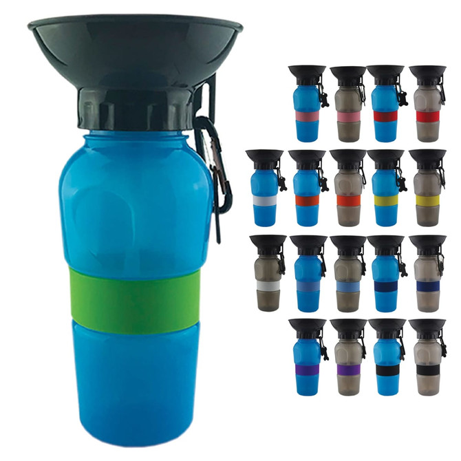 A drink bottle in blue with a black top and green silicone band, featuring various other colours nearby.