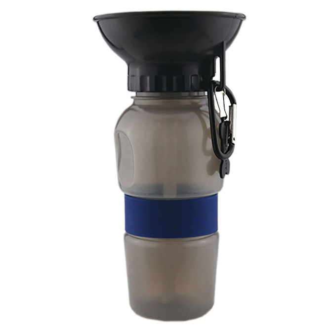 A drink bottle with a grey body, black top, and blue silicone band, featuring a carabiner clip.