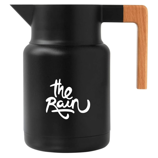 A drink bottle in matte black with a wooden handle and a logo on the front.