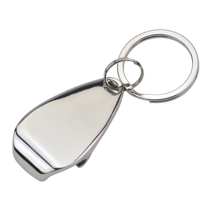 A drink bottle opener keyring in a shiny silver finish, featuring a circular keyring attachment.