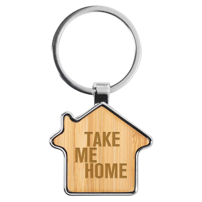 A bamboo key ring shaped like a house with a silver keychain attachment and a logo.