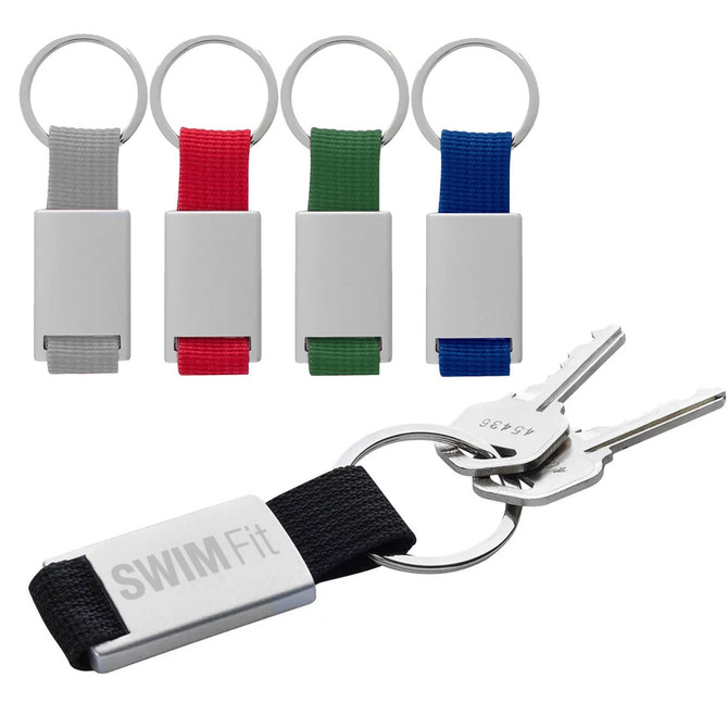 A set of four Band Key Rings in grey, red, green, and blue, with a keyring and keys attached. Features a branding logo.