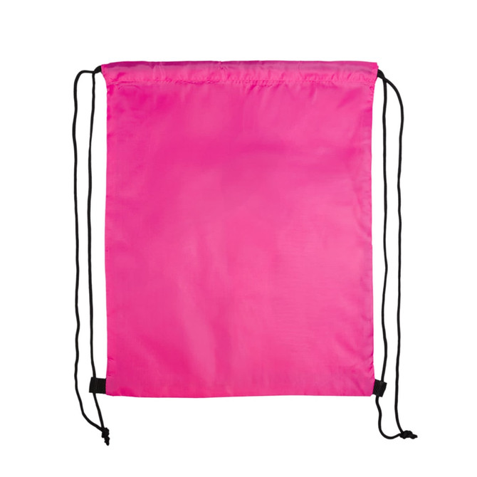 A bright pink drawstring backpack featuring black cords and a simple design. It has a brand logo.