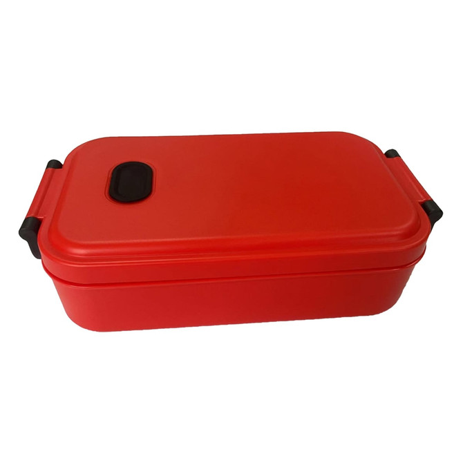 A red lunch box with a secure lid and handles. Designed for carrying food, features a logo.