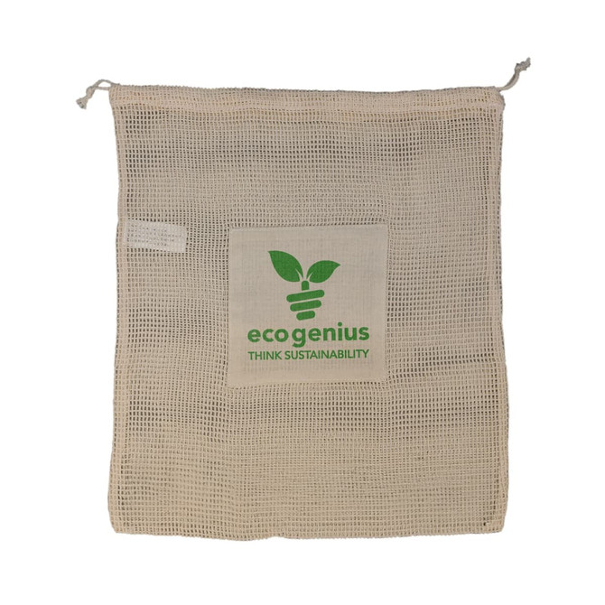 A reusable mesh produce bag featuring a natural color with a green eco genius logo that reads "THINK SUSTAINABILITY."