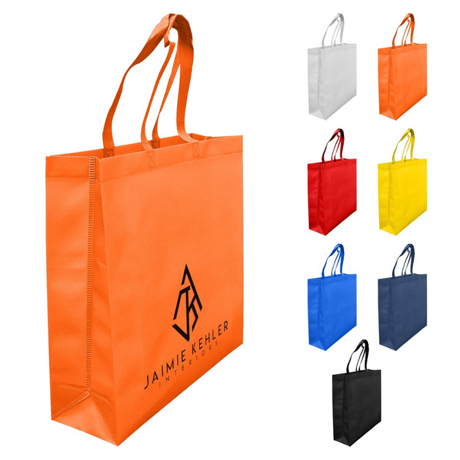 Laminated non-woven tote bag with a large gusset, available in orange, red, yellow, blue, black, white, and grey, featuring a logo.