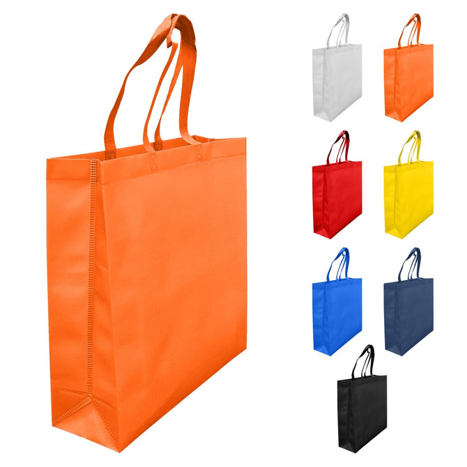 An orange laminated non-woven tote bag with a large gusset, featuring two handles. Additional colour options are displayed.