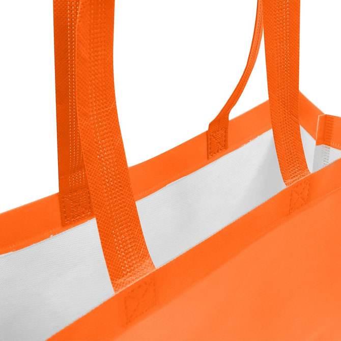 An orange laminated non-woven tote bag with a large gusset and sturdy straps. The interior is white.