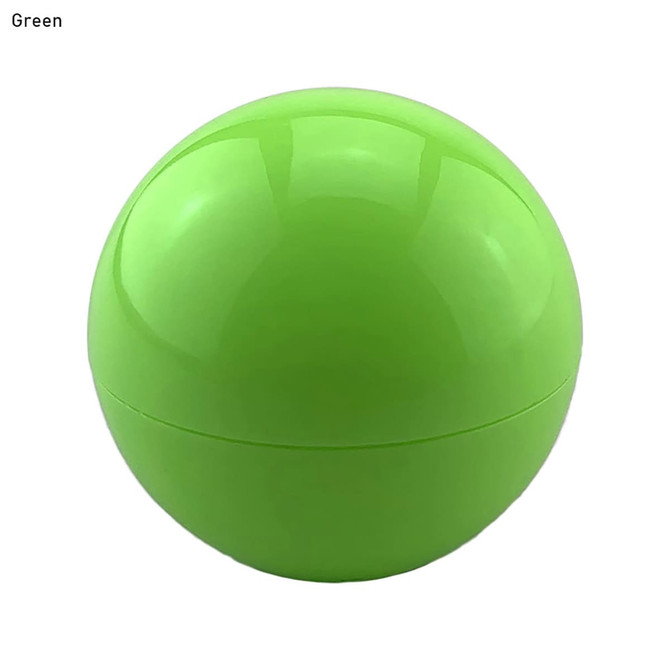 A green lip balm ball with a shiny, smooth surface and a modern, spherical shape. It features a logo.