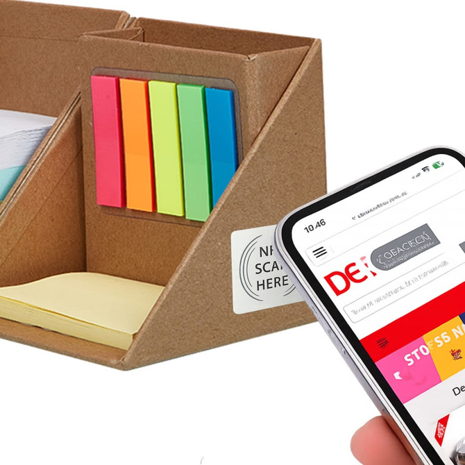 A memo holder in brown cardboard with bright sticky notes in pink, green, yellow, and blue; next to a smartphone.