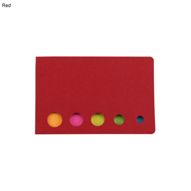 A red sticky note pad featuring five circular cut-outs displaying vibrant colours: orange, pink, green, yellow, and blue.