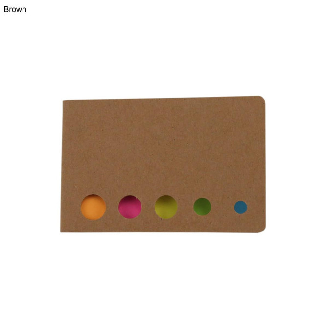 A brown sticky note pad with coloured dots in orange, pink, green, and blue. It features a logo on the cover.