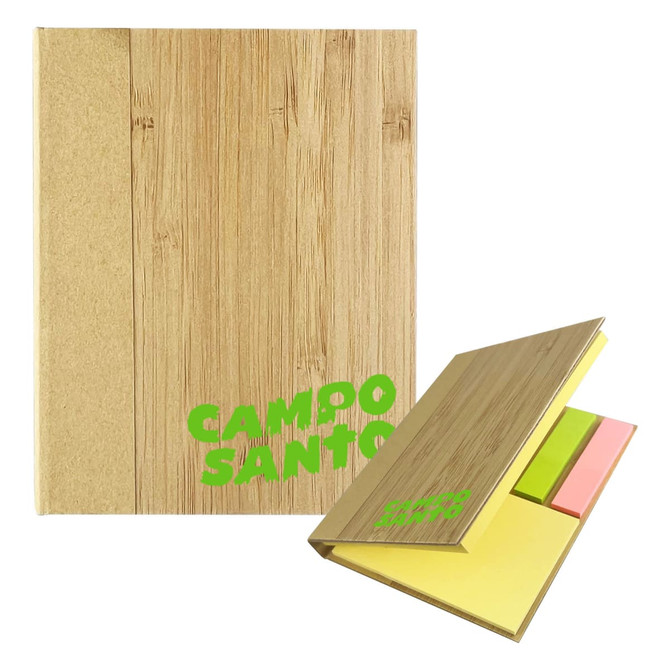 A bamboo sticky notes holder featuring yellow, pink, and green sticky notes. The holder has a logo.