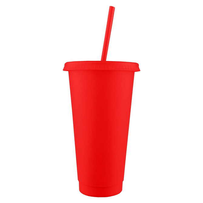 A red tumbler with a straw and lid, featuring a smooth surface and a branding logo.