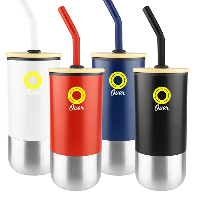A set of four travel mugs in white, red, navy, and black, each with a straw and a logo.