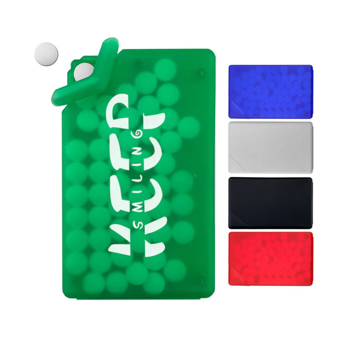 A green sugar-free mint card with small mint balls. Available in multiple colours: blue, silver, black, and red.