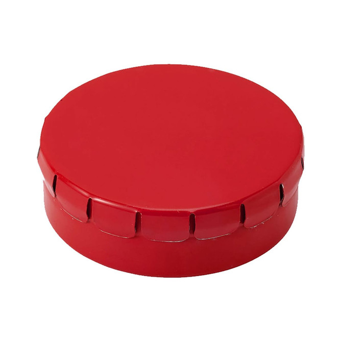 A red mint tin with a hinged lid and decorative notches around the edge. Contains mint confectionery.
