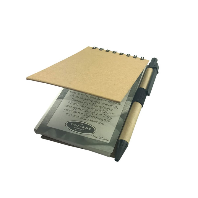 A brown stone paper notebook with a spiral binding and a black pen attached. The notebook has a plain cover.