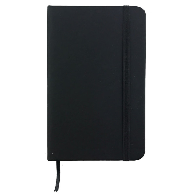A6 Handy PU Notebook in black with an elastic closure and a ribbon bookmark, featuring a logo on the cover.