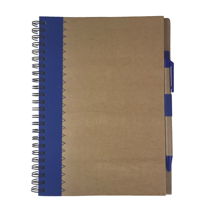A recycled paper notebook with a brown cover, blue spiral binding, and a blue pen attached.