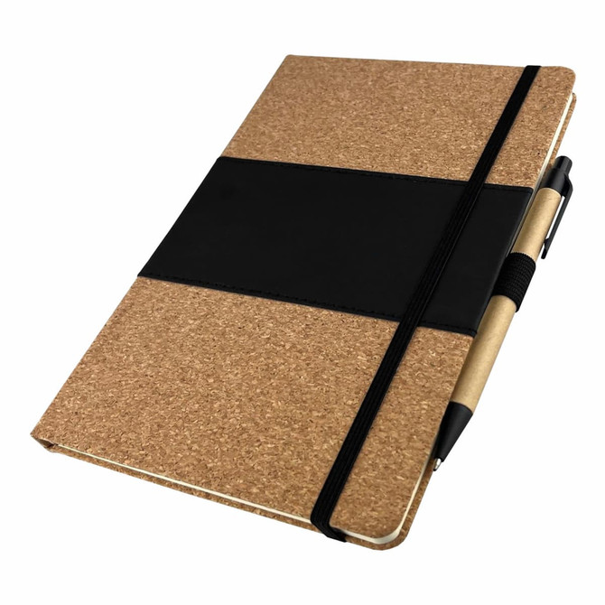 A cork-covered notebook with a black band and pen attached, featuring a sleek, minimalist design.